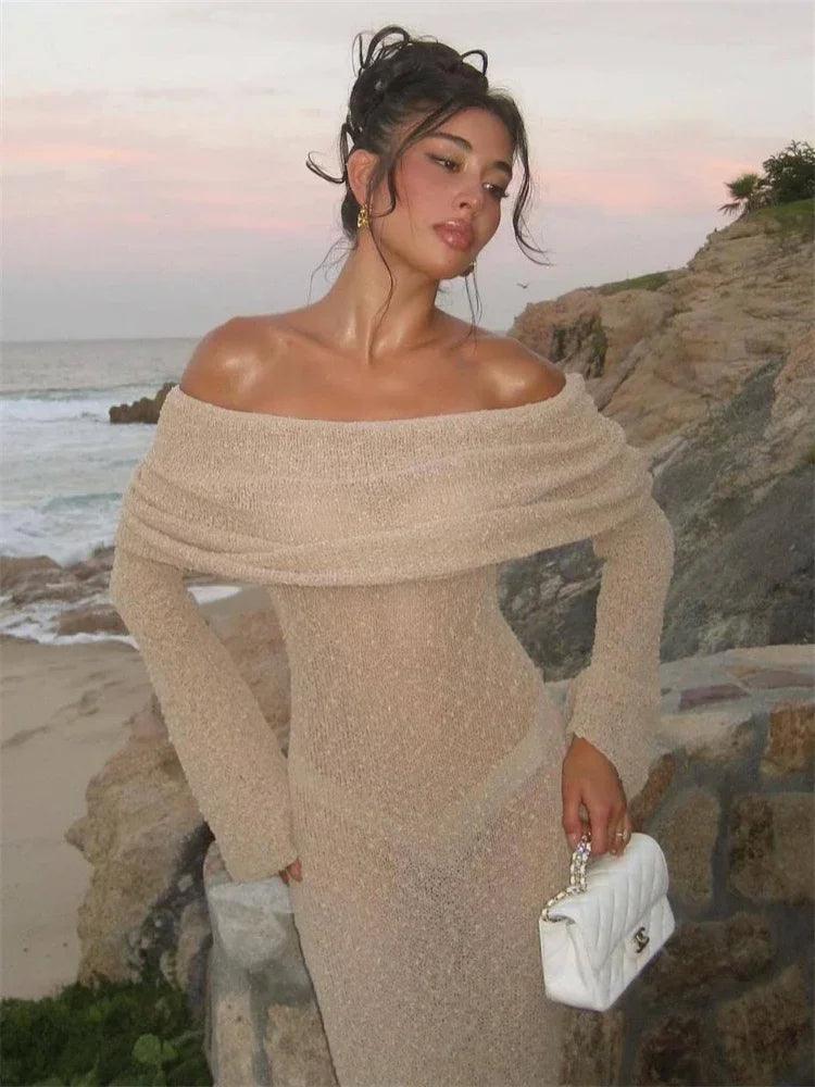 Tossy Knit Hollow Out Off-Shoulder Maxi Dress Female Cover up See-Through Sleeve Holiday Beach Party Dress Women Knitwear Dress - MauBai