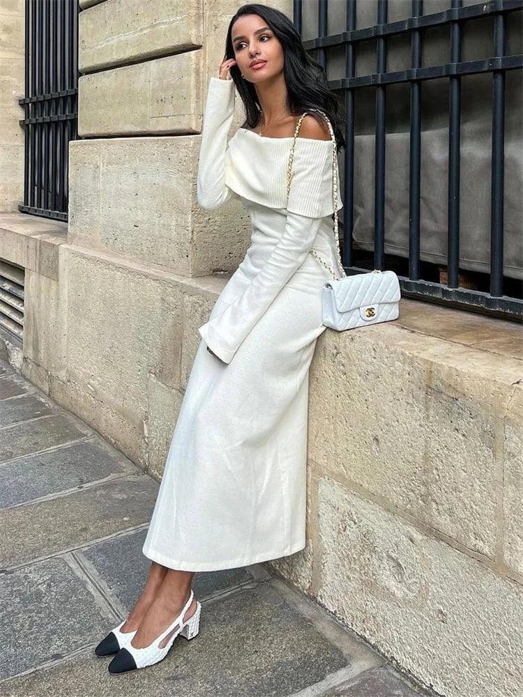 Tossy Fashion Knit Long Dress Off-Shoulder Female Ribbed Loose High Waist Elegant Autumn Party Dress Ladies Knitwear Maxi Dress - MauBai