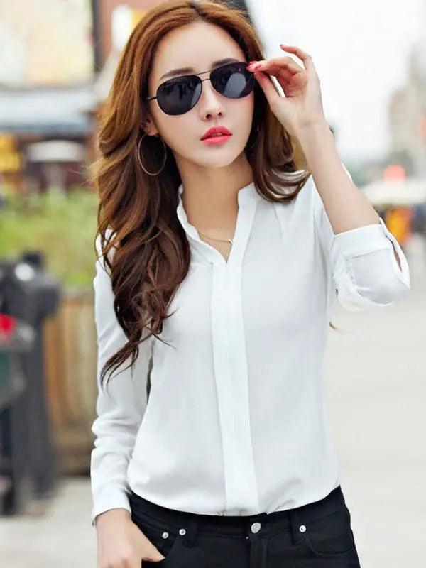 Long Sleeve Shirt Women Autumn Clothing Fashion Slim Chiffon Blouse V Neck Korean Elegant Ladies Office Shirts White Red DF2324 - MauBai