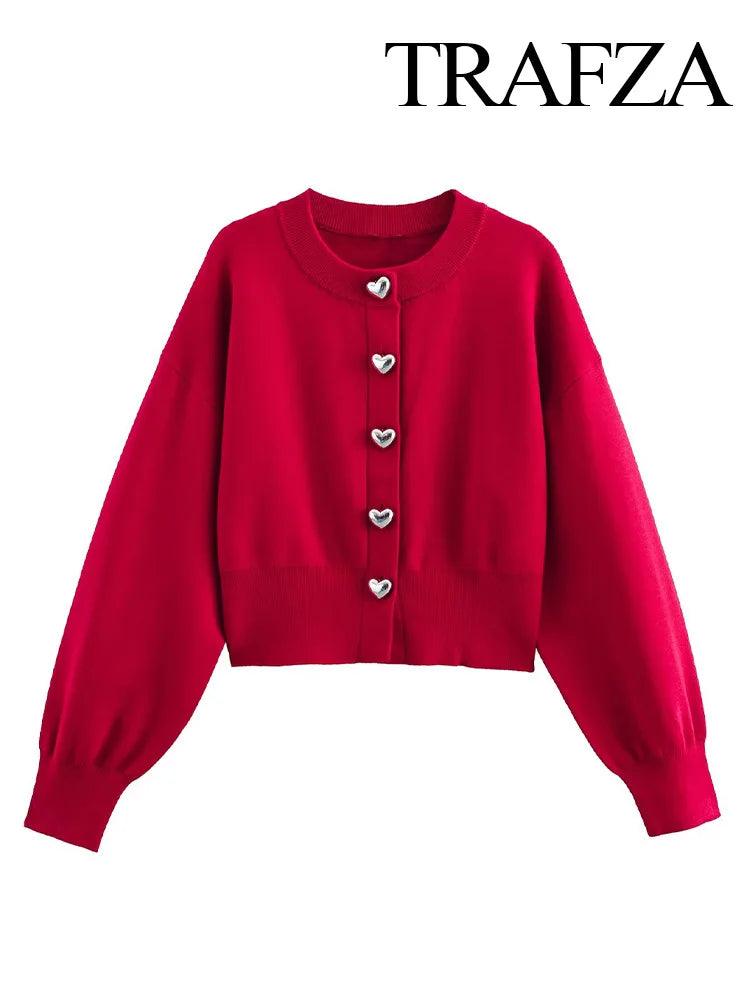 TRAFZA Women Fashion Heart-shaped Buttons Solid Tops Cardigans Female Spring Casual Long Sleeve O-Neck Knitting Sweaters Coats - MauBai