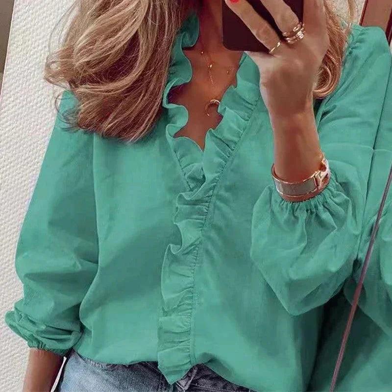 2024 Vintage Ruffles Women Blouses Autumn Long Sleeve Office Lady Elegant Tops Cotton Casual Tops V-neck Shirt Clothing - MauBai