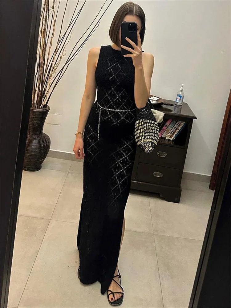 Tossy Hollow Out Sleeveless Sexy Maxi Dress Women High Split Fashion Beach Holiday Mesh Dress Patchwork Knitwear Autumn Dress - MauBai