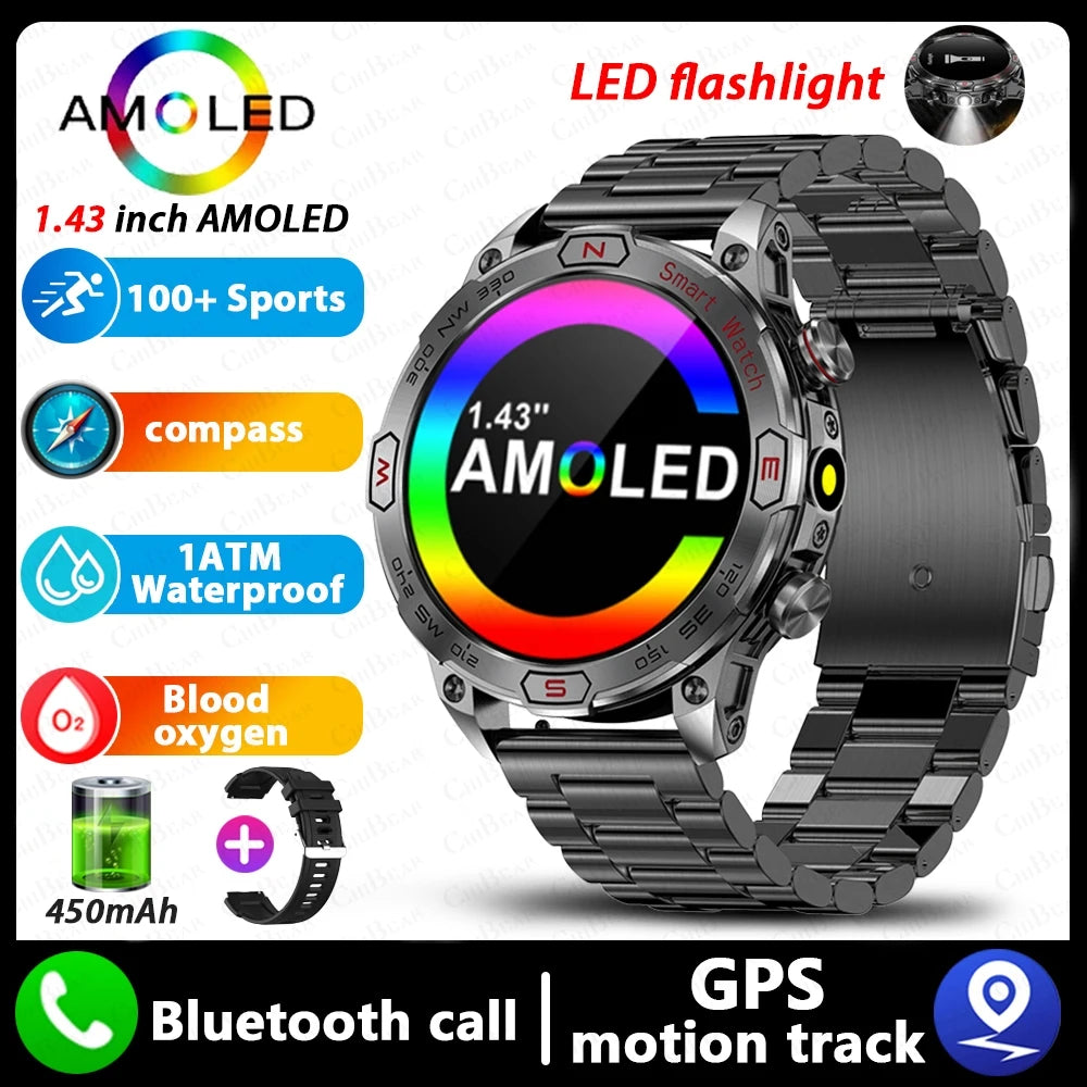 1ATM Waterproof Outdoor Military SmartWatch Men 450 MAh Battery Compass Health Monitoring Bluetooth Calling Smart Watch 2024 New