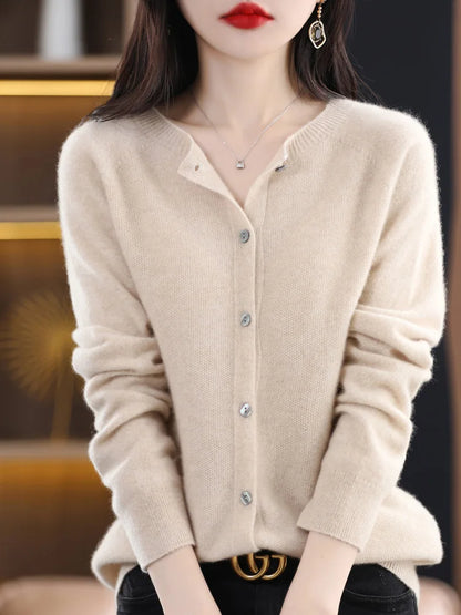 Addonee Women 100% Merino Wool Sweater Cashmere O-neck Cardigan Raglan Sleeve Classical Knitwear Solid Fashion Basic Clothing