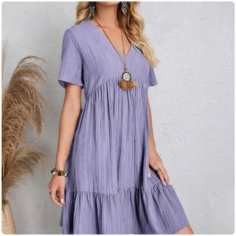 Women Summer Peplum Dresses Spring V-Neck Short Sleeve Loose Waist Ruffle Fit Flare Vocation Dresses - MauBai