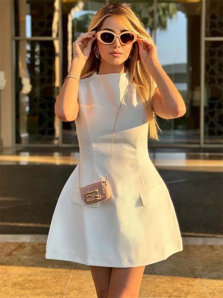 Tossy White Slim Women's Mini Dress Sleeveless Casual Pocket High Waist Elegant Party Dress Patchwork Fashion Solid Ladies Dress - MauBai