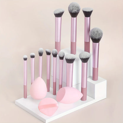 12-Piece Classic Full Makeup Brush Set with Angled and Teardrop Blenders, 1 Powder Puff - Professional Application Tools, Nylon