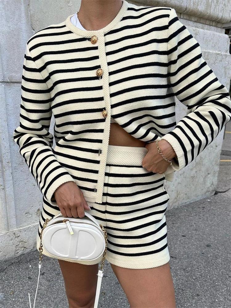 Tossy Striped Knit 2 Piece-Set Shorts Women Fashion Zebra Printed Cardigan And High Waist Patchwork Shorts Sets Knitwear Outfits - MauBai