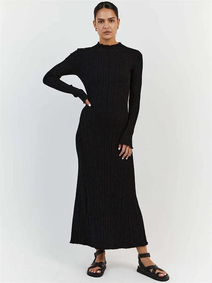 Tossy Autumn Ruffled Knitwear Long Dress Female Long Sleeve Loose Ribbed High Waist Maxi Dress Streetwear Knit Solid Women Dress - MauBai