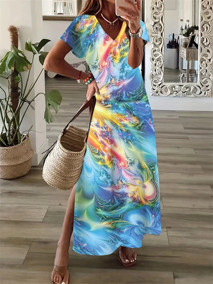 Women's Dresses Summer Ladies Textured Printed Evening Fashion Splicing V Neck Loose Bohemian Resort Split Long Dress Basic