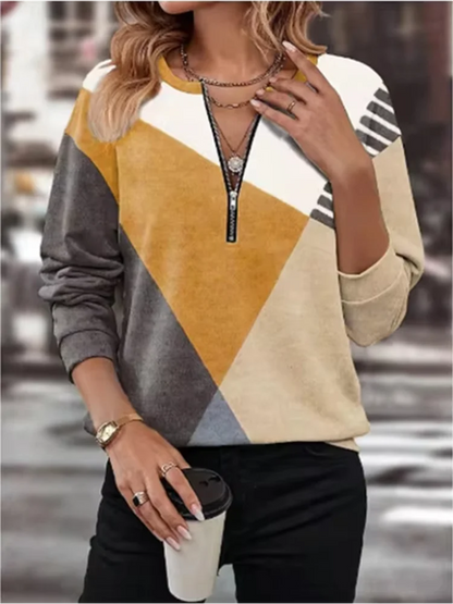 Color Blocked Printed Long Sleeved Zipper V-neck Women's T-shirt High Street Fashion Elegant Commuting Style Autumn Top