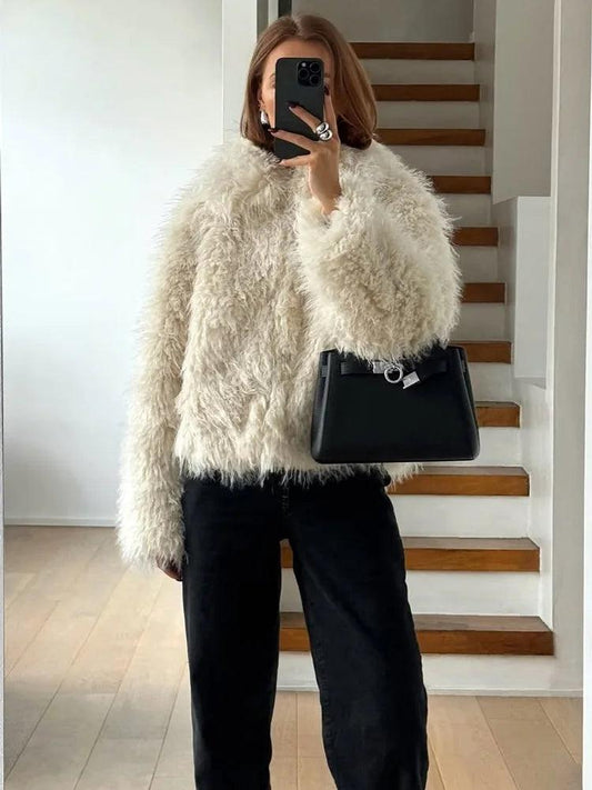 Tossy Fashion V-Neck Loose Cardigan Overcoat For Women Long Sleeve Patchwork Faux Fur High Street Clothes Female Winter Coat New