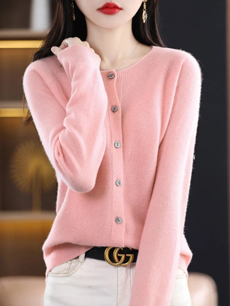 Addonee Women 100% Merino Wool Sweater Cashmere O-neck Cardigan Raglan Sleeve Classical Knitwear Solid Fashion Basic Clothing