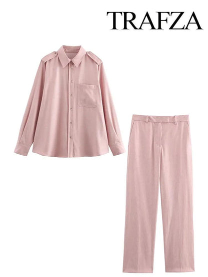 TRAFZA Women's Fashion Suit Pink Turn-Down Collar Long Sleeve Single Breasted Shirts+High Waist Long Pants Female Spring Sets - MauBai