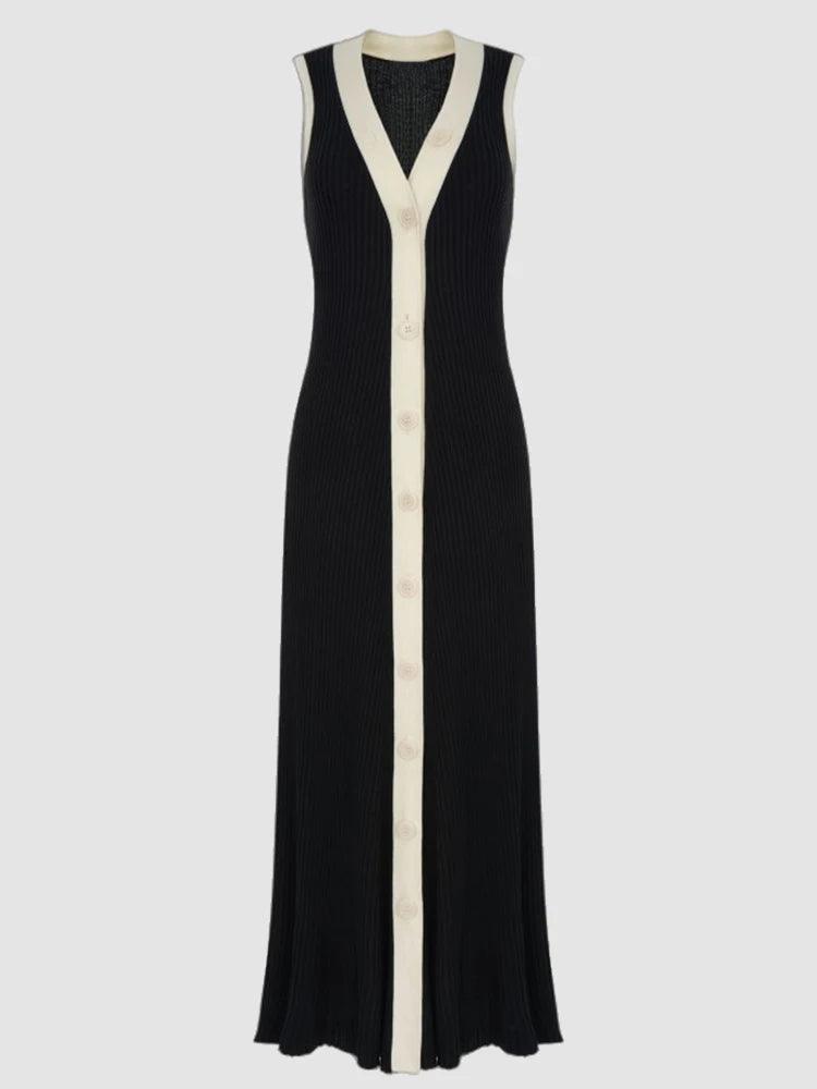 Tossy Knit Cardigan Maxi Dress Women's Summer V-Neck Contrast Sleeveless Ribbed Fashion Elegant Dress Female Knitwear Long Dress - MauBai