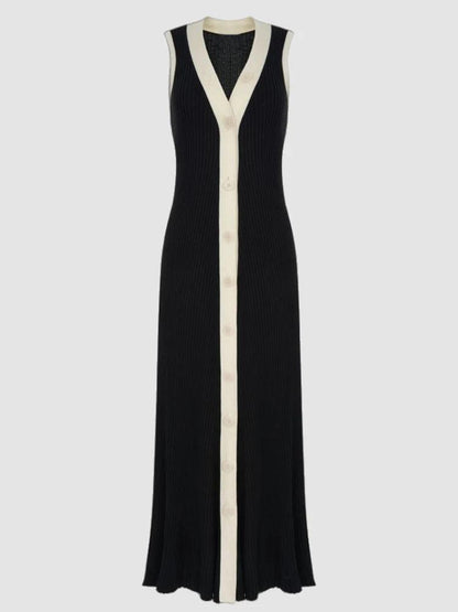 Tossy Knit Cardigan Maxi Dress Women's Summer V-Neck Contrast Sleeveless Ribbed Fashion Elegant Dress Female Knitwear Long Dress - MauBai