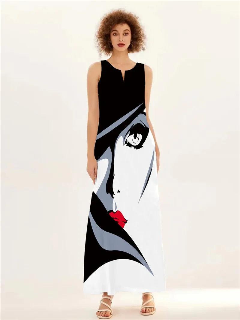 2024 Spring Summer Hot Women's Dresses Art Line Mask Print Sexy Sleeveless V-neck Long Dress Casual Women's Clothing Maxi Dress