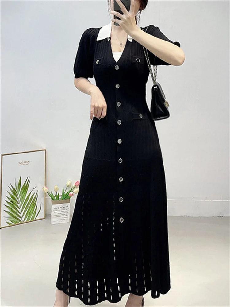 Tossy V-Neck Knit Contrast Long Dress Women Hollow Out Lapel Fashion High Waist Elegant Party Dress Knitwear Ladies Maxi Dress - MauBai