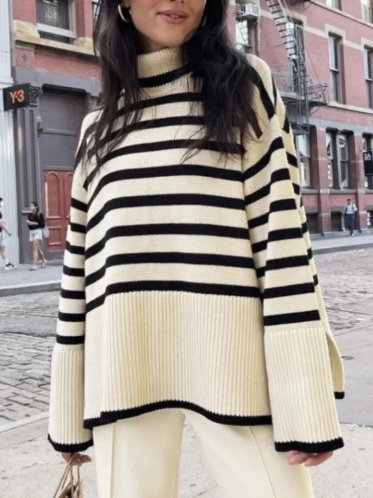 Tossy Winter Women’s Long Sleeves Knit Sweater Turtleneck Striped Print Loose Pullover Tops 2023 New Autumn Oversized Sweater - MauBai