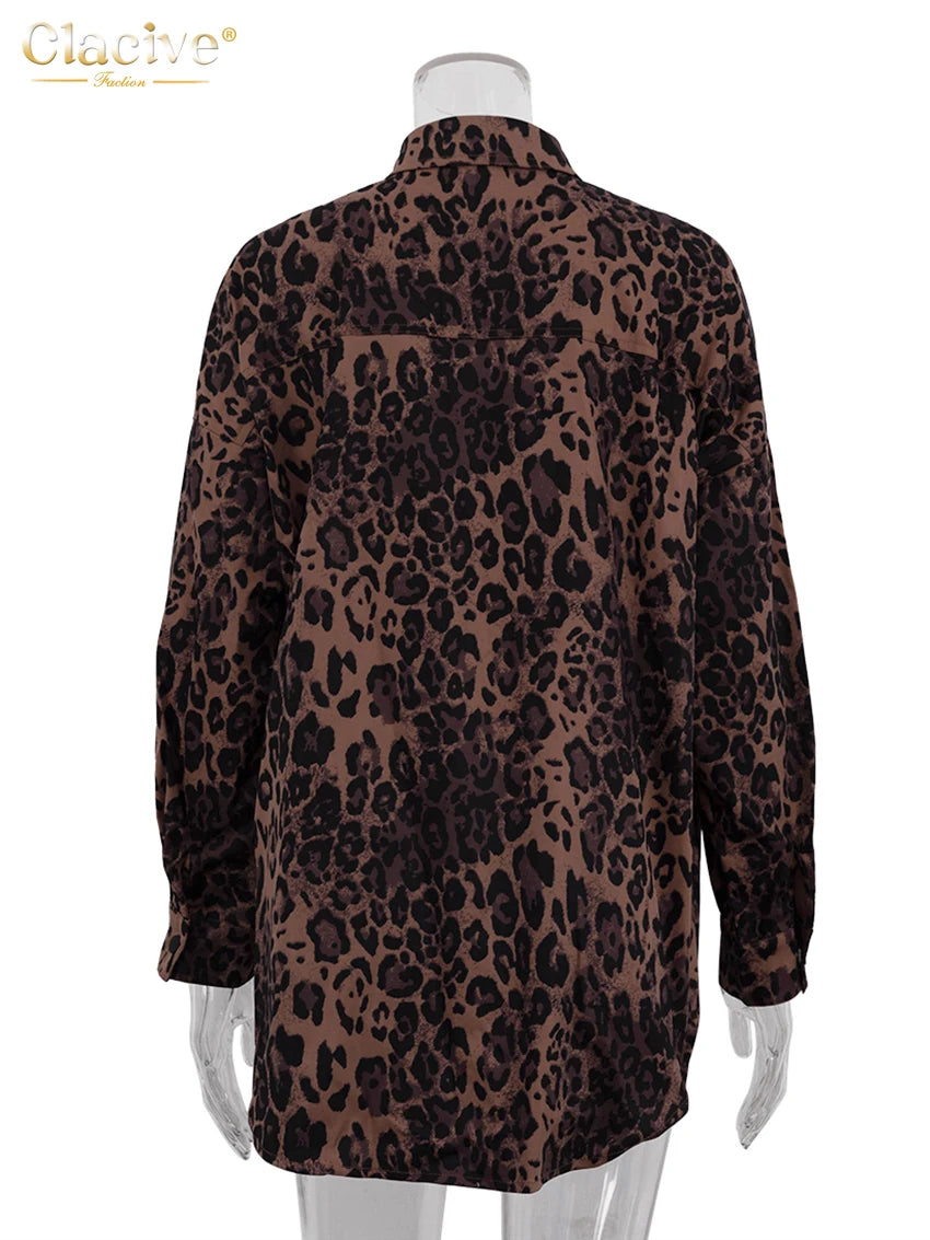 Clacive Fashion Leopard Print Women's Shirt 2024 Elegant Lapel Long Sleeve Blouse Vintage Classic Blusas Top Female Clothing