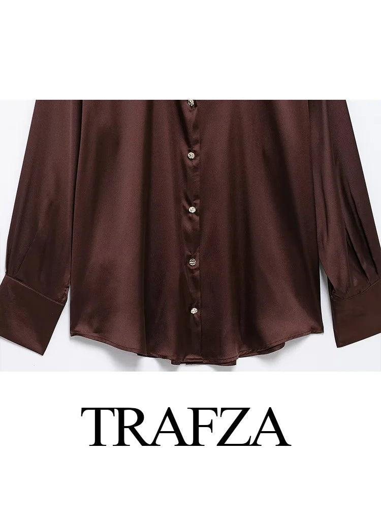 TRAFZA Women Spring Fashion Shirt Satin Texture Loose Single-breasted Women Casual Lapel Solid Long-sleeved Commuter Top - MauBai