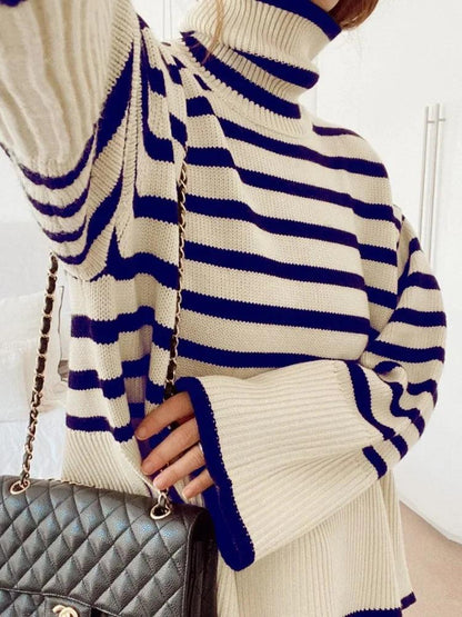 Tossy Winter Women’s Long Sleeves Knit Sweater Turtleneck Striped Print Loose Pullover Tops 2023 New Autumn Oversized Sweater - MauBai