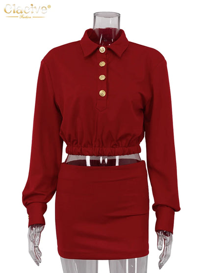 Clacive Fashion Slim Red 2 Piece Sets Women Outfit 2024 Elegant Long Sleeve Crop Top With High Waist Mini Skirts Set Female