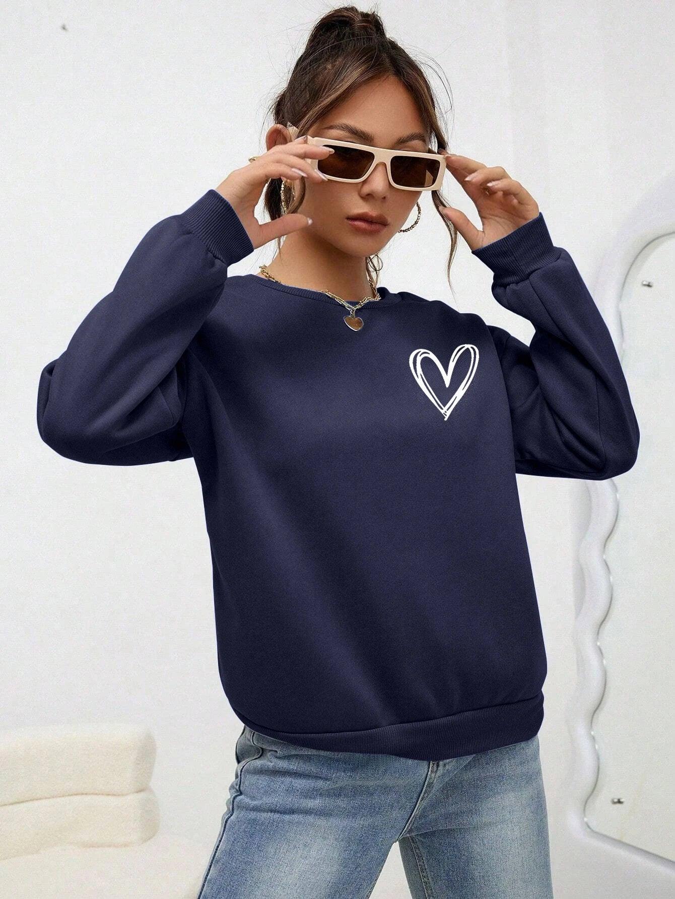 Simple Heart Pattern Printing Sweatshirts For Womens Casual Comfortable Crewneck Hoodies Loose Fleece Warm Sportswear Clothes - MauBai