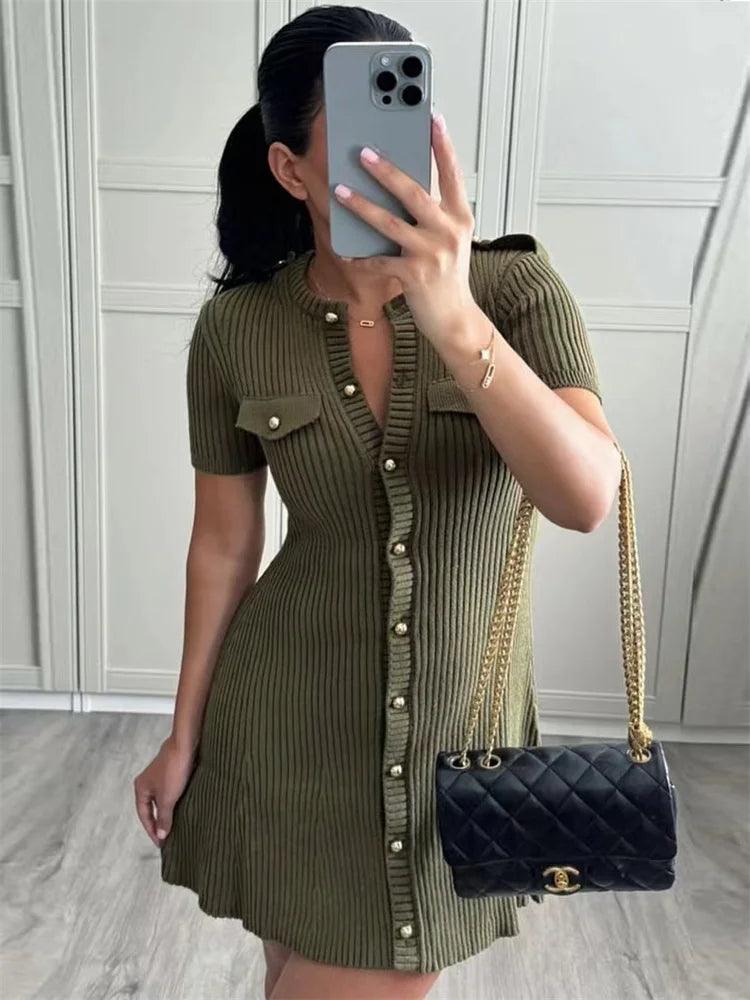 Tossy Knit Ribbed Pocket Mini Dress Female Short Sleeve Cardigan Patchwork Slim Solid Party Dress Women's Knitwear Autumn Dress - MauBai