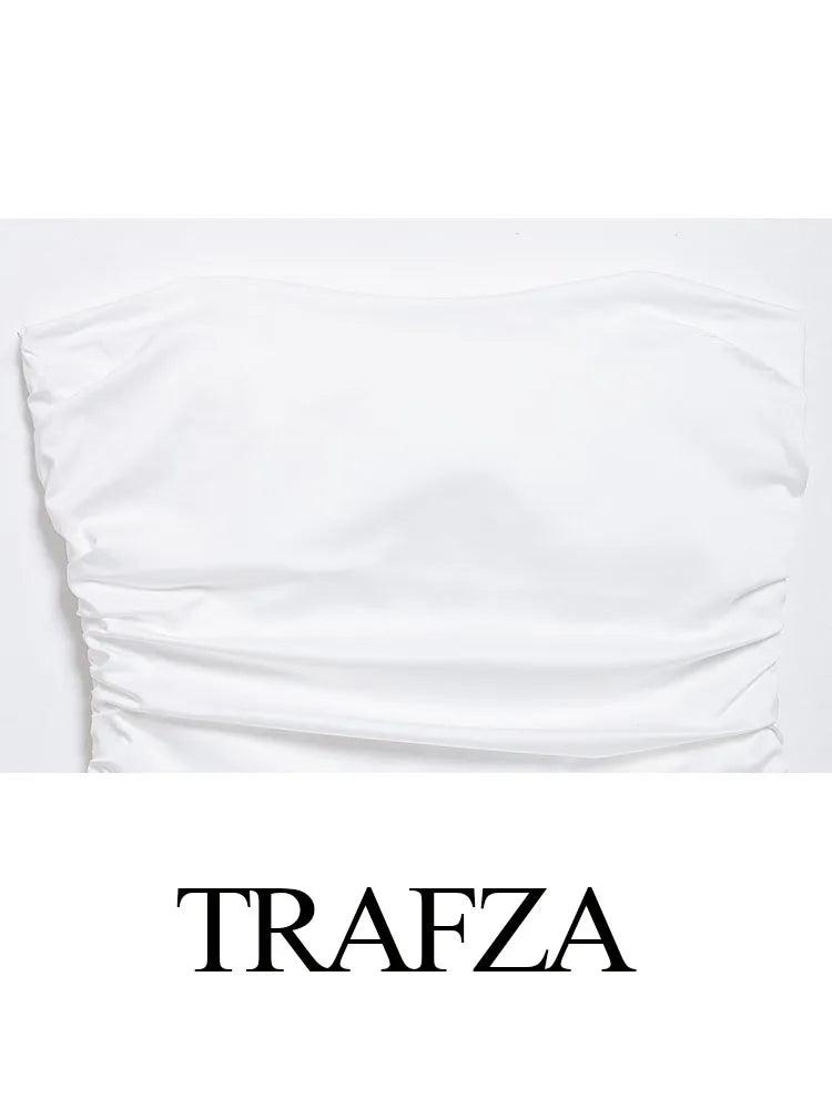 TRAFZA Women Skirt Suit Elegant White Off-shoulder Ruched Sexy Strapless Top+Casual Side Pocket Elastic Waist White Long Skirt - MauBai