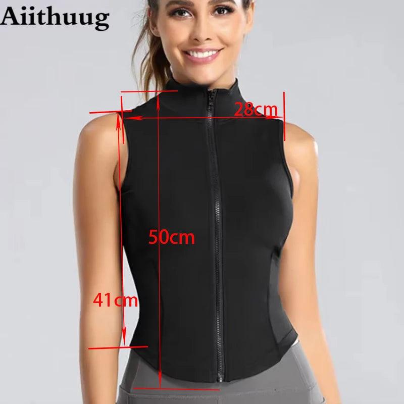 Aiithuug Athletic Zip Up Sweat Vest Jacket Sleeveless Running Yoga Tops High Neck Shirts Sports Top Fitness Women Workout Tops - MauBai