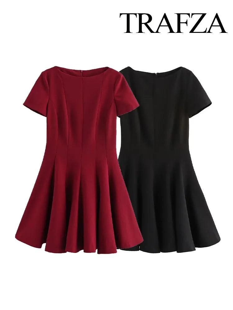 TRAFZA Women Fashion O-Neck Short Sleeves Zipper Solid Mini Dress Female Vintage Versatile Casual Slim Pleated Dress Mujer - MauBai