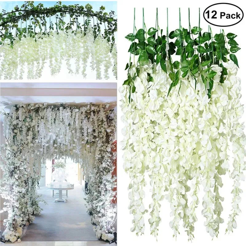 12pcs Artificial Wisteria Flowers Ratta Extra Long Thick Vine Hanging Garland Silk Wisteria Garland for Home Party Wedding Decor