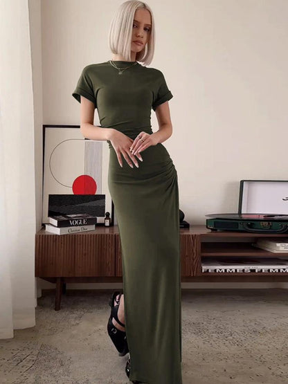 Women's Elegant O Neck Maxi Dress Short Sleeve Slim High Waist Shirring Dress Sexy Side Slit Evening Club Bodycon Dress Lady - MauBai