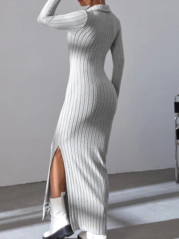 Women sexy knit V-neck reverse neck split dress autumn winter full sleeve elastic basic body sweater - MauBai