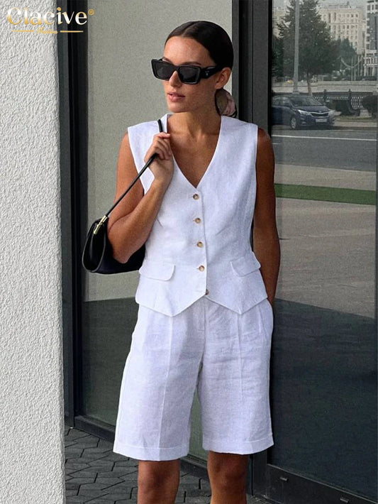 Clacive Summer Slim White Linen Office 2 Piece Sets Women Outfit Fashion Sleeveless Tank Top With High Waist Shorts Set Female - MauBai