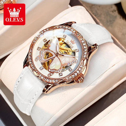 OLEVS 6622 Butterfly Dial Luxury Mechanical Watch For Women Hollow Ceramic Strap Wristwatch Waterproof Original Woman Watches