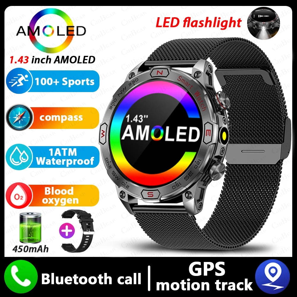 1ATM Waterproof Outdoor Military SmartWatch Men 450 MAh Battery Compass Health Monitoring Bluetooth Calling Smart Watch 2024 New