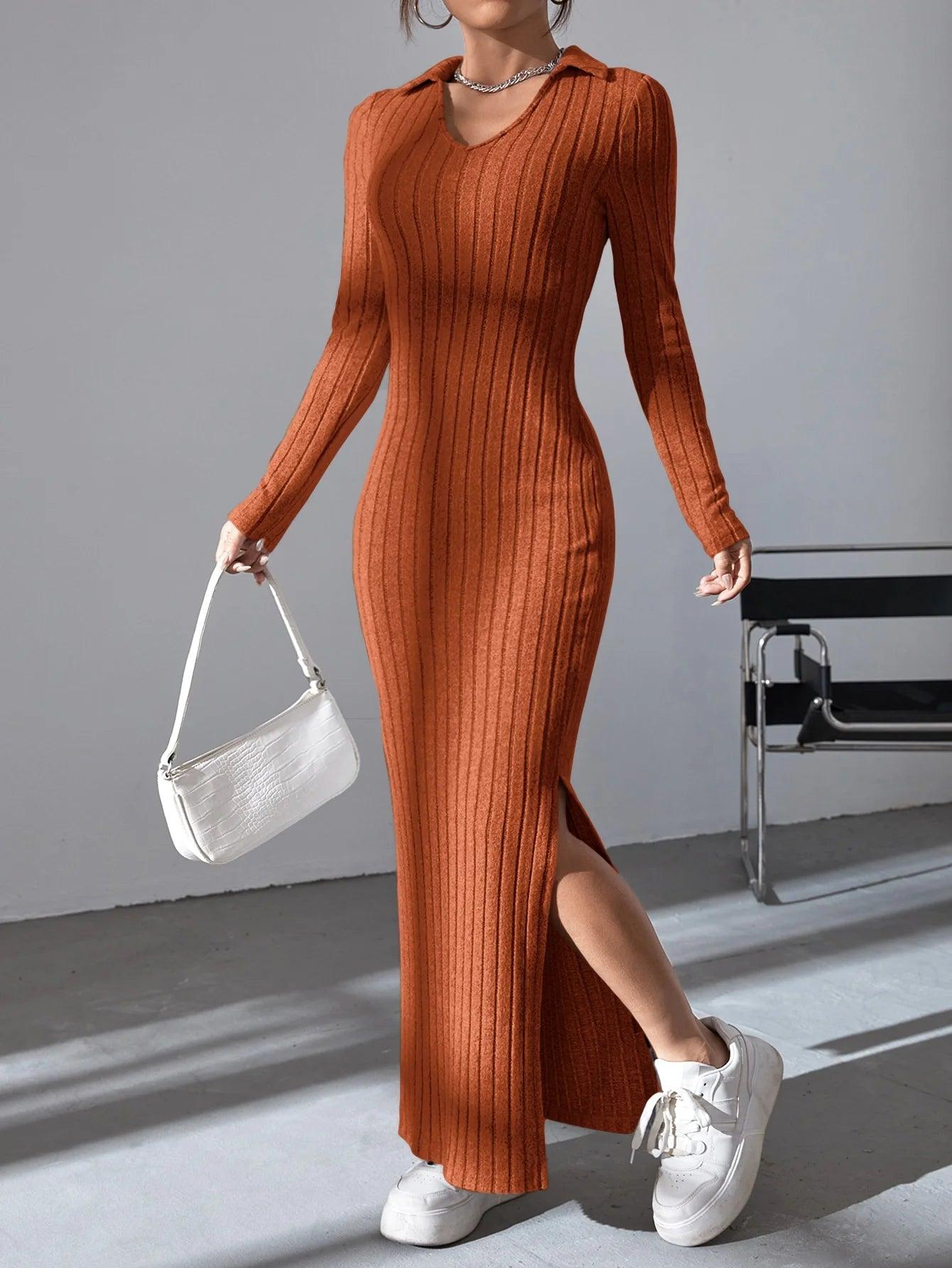 Women sexy knit V-neck reverse neck split dress autumn winter full sleeve elastic basic body sweater - MauBai