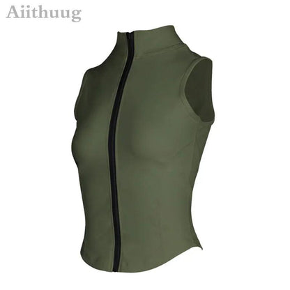 Aiithuug Athletic Zip Up Sweat Vest Jacket Sleeveless Running Yoga Tops High Neck Shirts Sports Top Fitness Women Workout Tops - MauBai