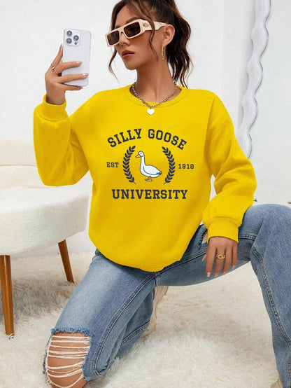 Silly Goose University Est 1918 Printde Woman Sweatshirt Casual Soft Clothing Loose Trendy Pullovers Autumn Crewneck Tops - MauBai