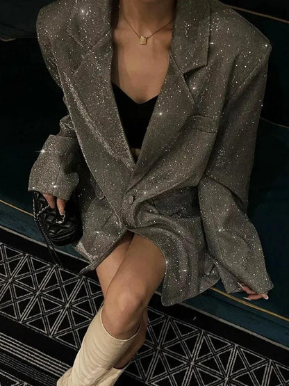 Tossy Sequin Glitter Lapel Suit Outwear For Women Luxury Long Sleeve Fashion Pocket Elegant Sparkle Coat Women's Suit Outwear - MauBai