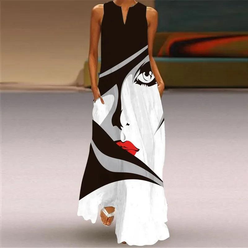 2024 Spring Summer Hot Women's Dresses Art Line Mask Print Sexy Sleeveless V-neck Long Dress Casual Women's Clothing Maxi Dress