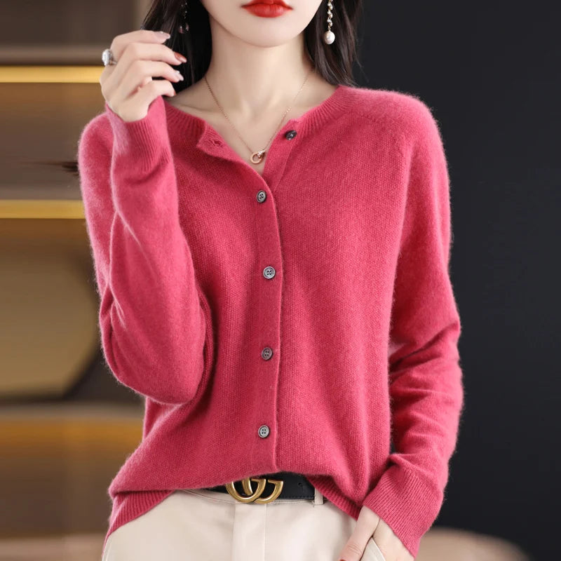 Addonee Women 100% Merino Wool Sweater Cashmere O-neck Cardigan Raglan Sleeve Classical Knitwear Solid Fashion Basic Clothing