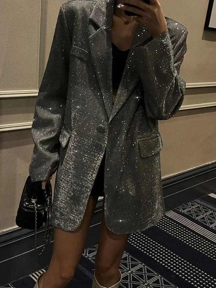 Tossy Sequin Glitter Lapel Suit Outwear For Women Luxury Long Sleeve Fashion Pocket Elegant Sparkle Coat Women's Suit Outwear - MauBai