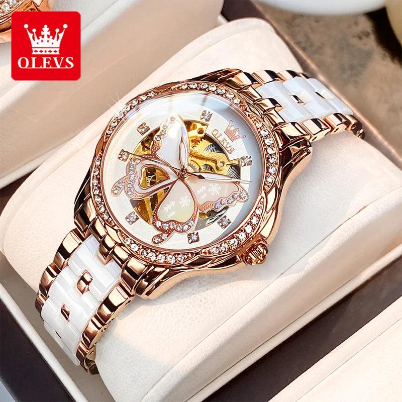 OLEVS 6622 Butterfly Dial Luxury Mechanical Watch For Women Hollow Ceramic Strap Wristwatch Waterproof Original Woman Watches