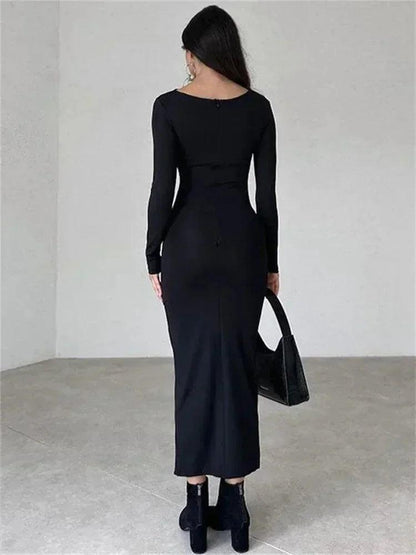 Tossy Fashion Pleated Autumn Dress Patchwork Elegant Women Long Sleeve Solid Vestidos Slim High Waist Bodycon Maxi Dress 2023 - MauBai