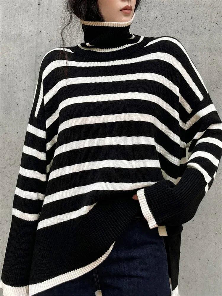 Tossy Winter Women’s Long Sleeves Knit Sweater Turtleneck Striped Print Loose Pullover Tops 2023 New Autumn Oversized Sweater - MauBai