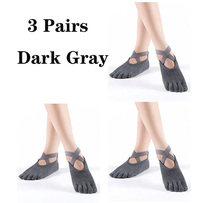 3 Pairs Non-slip Yoga Socks For Women Low-Ankle Pilates Socks Fingers Backless Bandage Solid Color Five Toe Floor Sport Socks