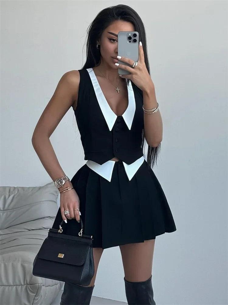 Tossy Summer Sexy 2 Piece-Set Skirt Female 2025 V-Neck Sleeveless Vestidos And High Waist Pleated Skirts Sets Women's Clothes - MauBai